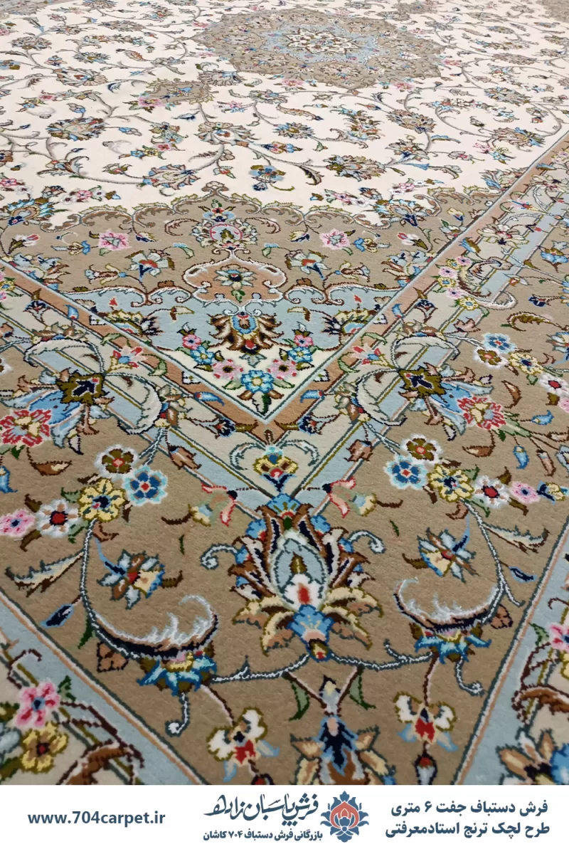 فرش دستباف کاشان طرح لچک ترنج معرفتی کرک گل ابریشم جفت 6 متری